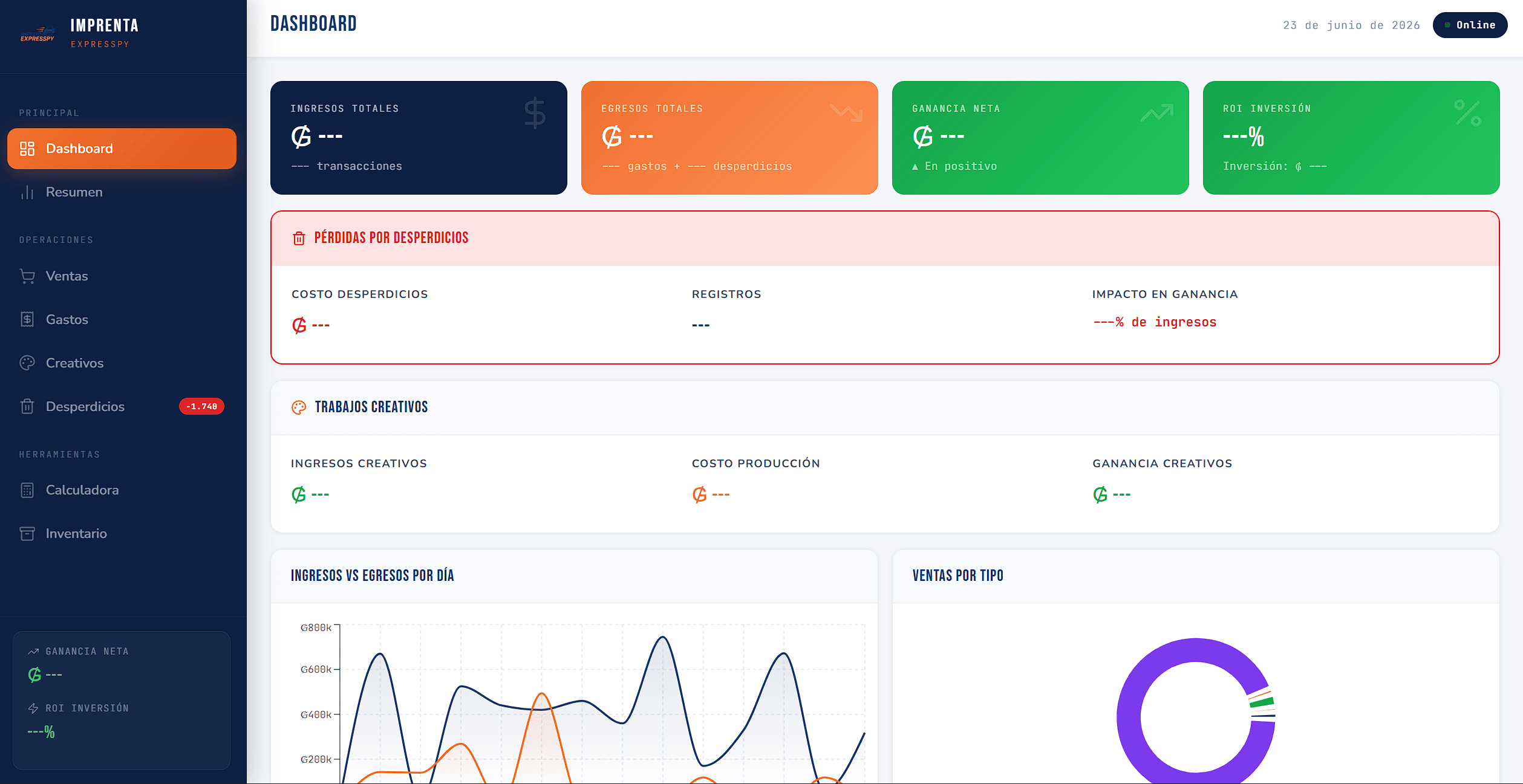 Screenshot of Imprenta Express System, internal production dashboard